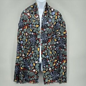 Eric Bompard Scarf Womens Cashmere Black Multicolor Floral Knit Square Fringe